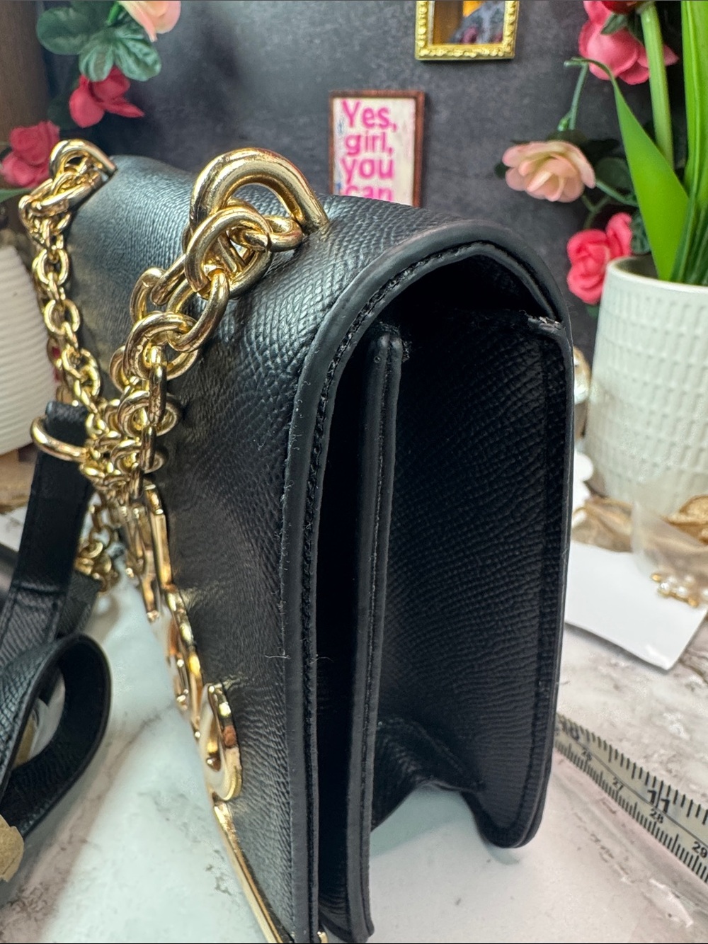bebe Black Crossbody Bag with Gold Script and Chain - Picture 3 of 13